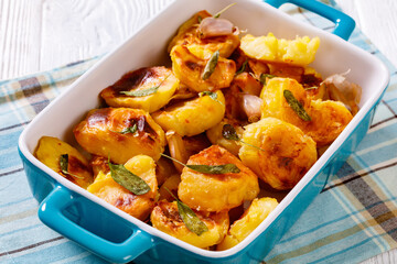 roasted squashed potatoes with garlic and sage