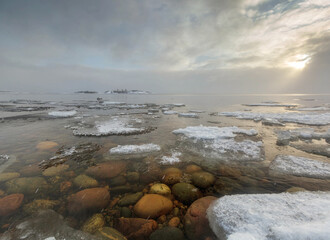 Ice floes on Lake Ladoga. Karelia. Russia