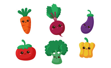 Kawaii cute emoji face on the vegetables, carrot, beetroot, eggplant, pepper, tomato, broccoli, for vegan or kid illustration concept