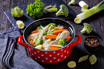 chicken vegetable soup with pasta in red pot