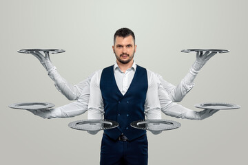 Waiter six hands, many hands. Creative portrait of a waiter with empty trays in his hands, a good worker, a spider, a professional. Modern design, layout, poster. - obrazy, fototapety, plakaty