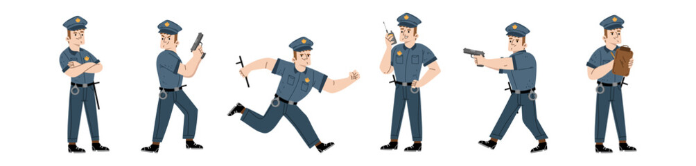 Policeman, police officer or guard character in blue uniform with cap, baton and handcuffs. Vector flat illustration of man cop with walkie talkie, aiming with gun, run and write traffic ticket