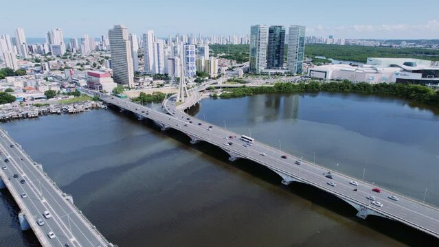 Drone flight over the Capibaribe River bridges in Recife
