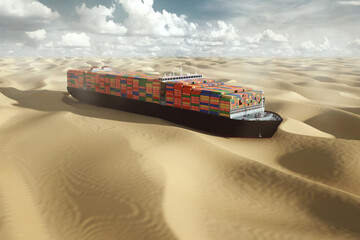 Containertanker in der Wüste, im Sand stecken. internationaler Transport ist schwierig, Containerkrise. Probleme, Stopp der Logistik, Stopp der Bewegung, Zusammenbruch der Wirtschaft, Stopp des Handels.