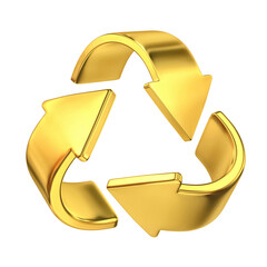 Golden recycling symbol, recycle icon isolated on white. Clippinf path included