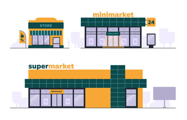 The shops. Architecture. Supermarket, mini market, convenience store. Set of commercial buildings. Vector image.
