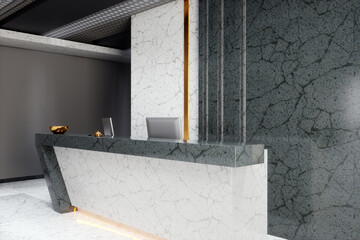 reception table. Modern office interior with white and dark marble walls and reception desk. Modern Design, Luxury Style, Mockup, Mock up, 3D Render, 3D Illustration.