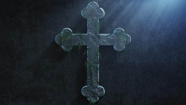 High quality dramatic motion graphic of an ornate crucifix cross icon symbol, rapidly eroding and cracking and sprouting moss and weeds, with atmospheric light rays and dust motes