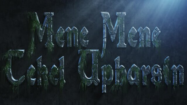High quality dramatic motion graphic of the biblical wall text Mene Mene Tekel Upharsin, rapidly eroding and cracking and sprouting moss and weeds, with atmospheric light rays and dust motes