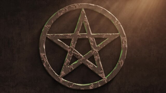 High quality dramatic motion graphic of a Satanic pentacle icon symbol, rapidly eroding and rusting and decaying, with warm atmospheric light rays and dust motes