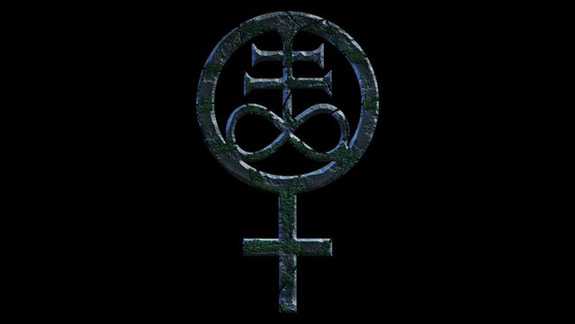 High quality dramatic motion graphic of a Pagan Leviathan cross and symbol, rapidly eroding and cracking and sprouting moss and weeds, on a plain black background