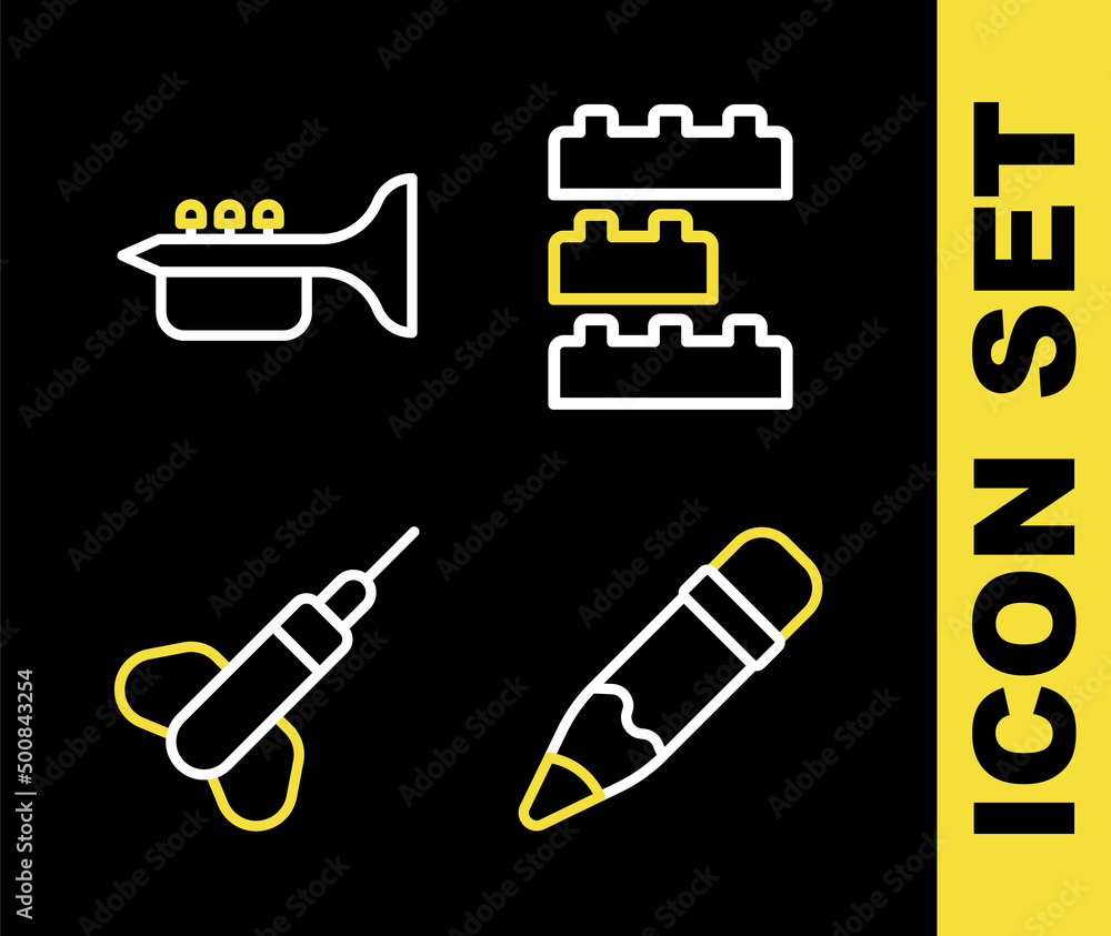 Aufkleber set line toy building block bricks, pencil with eraser, dart arrow and trumpet icon. vector