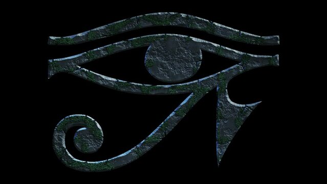 High quality dramatic motion graphic of the egyptian Eye of Horus, All Seeing Eye icon symbol, rapidly eroding and cracking and sprouting moss and weeds, on a plain black background