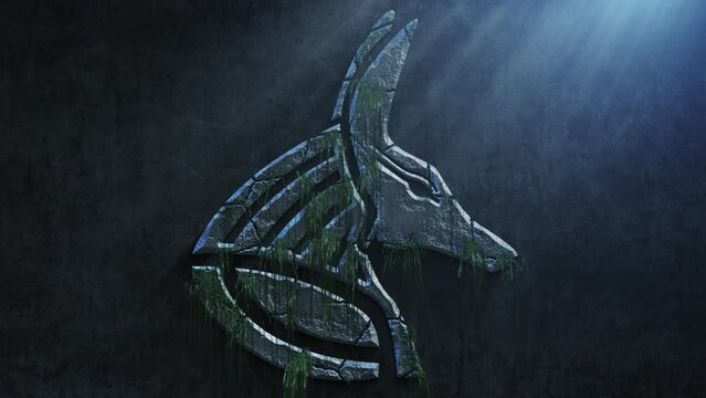 High quality dramatic motion graphic of an egyptian God Anubis icon symbol, rapidly eroding and cracking and sprouting moss and weeds, with atmospheric light rays and dust motes