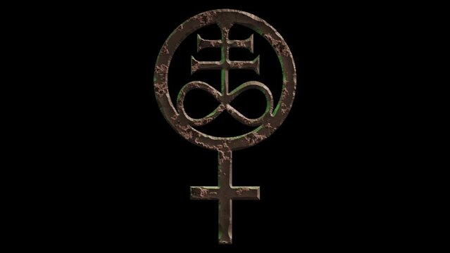 High quality dramatic motion graphic of a Pagan Leviathan cross and symbol, rapidly eroding and rusting and decaying, on a plain black background