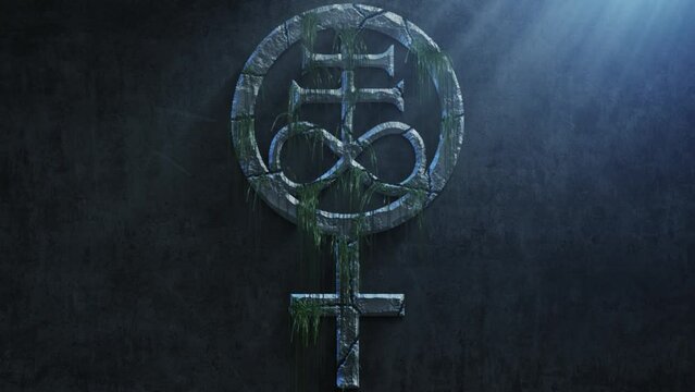High quality dramatic motion graphic of a Pagan Leviathan cross and symbol, rapidly eroding, cracking and sprouting moss and weeds, with atmospheric light rays and dust motes
