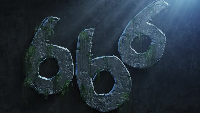High quality dramatic motion graphic of the devil's 666 symbol, rapidly eroding and cracking and sprouting moss and weeds, with atmospheric light rays and dust motes