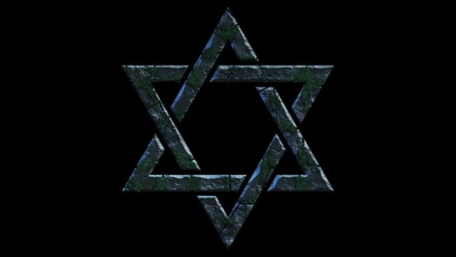 High quality dramatic motion graphic of the Jewish Star of David icon symbol, rapidly eroding and cracking and sprouting moss and weeds, on a plain black background