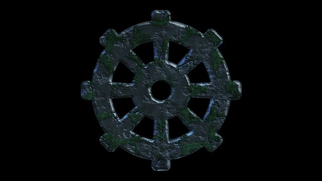 High quality dramatic motion graphic of the Buddhist Dharma Chakra icon symbol, rapidly eroding and cracking and sprouting moss and weeds, on a plain black background