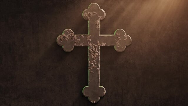 High quality dramatic motion graphic of an ornate crucifix cross icon symbol, rapidly eroding and rusting and decaying, with warm atmospheric light rays and dust motes