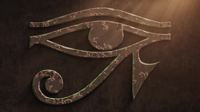 High quality dramatic motion graphic of the egyptian Eye of Horus, All Seeing Eye icon symbol, rapidly eroding and rusting and decaying, with warm atmospheric light rays and dust motes