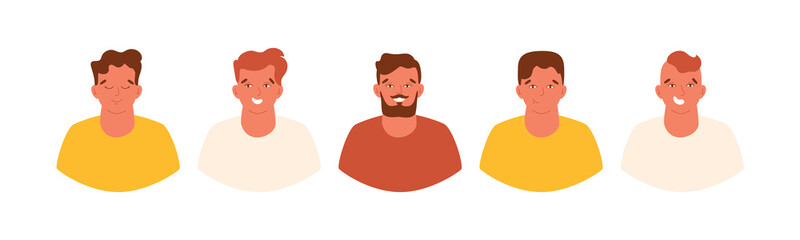Men avatar set. Different males portraits with happy faces. Vector isolated illustration for avatar, social media icons, user profile.