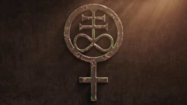 High quality dramatic motion graphic of a Pagan Leviathan cross and symbol, rapidly eroding and rusting and decaying, with warm atmospheric light rays and dust motes