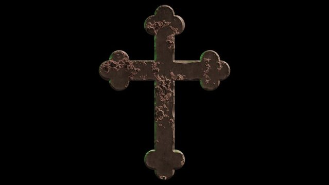 High quality dramatic motion graphic of an ornate crucifix cross icon symbol, rapidly eroding and rusting and decaying, on a plain black background
