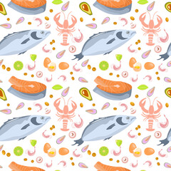 Food background and seafood seamless pattern