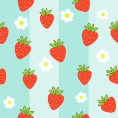 Seamless pattern with strawberry vector drawing. green background , strawberries and flowers summer fruits
