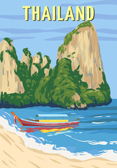 Poster Thailand tropical resort vintage. Travel holiday summer. Exotic beach coast, boat, palms, ocean. Retro style illustration vector isolated - obrazy, fototapety, plakaty