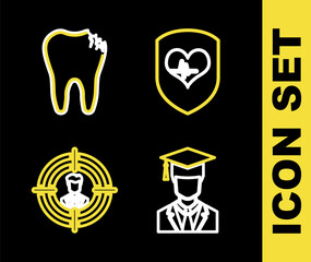 Set line Shield and heart rate, Graduate with graduation cap, Head hunting and Broken tooth icon. Vector