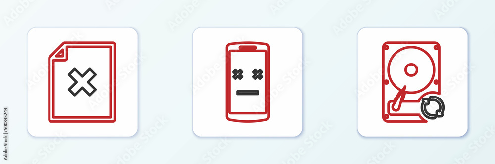 Aufkleber set line hard disk drive hdd sync refresh, delete file document and dead mobile icon. vector