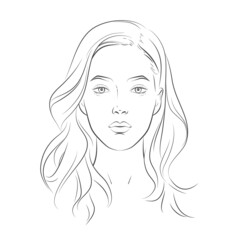 Woman face. Young beautiful girl with curly long wavy hair curls. Volume, haircut, hairdressing, hairstyle. Care and beauty. Vector Black and white line sketch front illustration portrait.