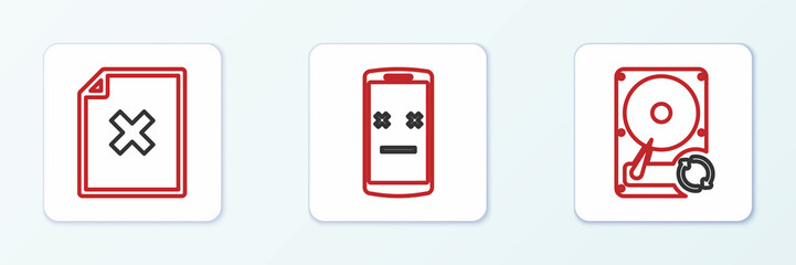 Obraz premium Set line Hard disk drive HDD sync refresh, Delete file document and Dead mobile icon. Vector