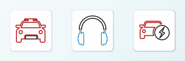 Set line Electric car, Police and flasher and Headphones icon. Vector