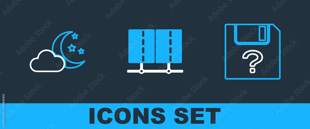Poster set line unknown document, cloud with moon and stars and server, data, web hosting icon. vector