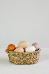 Fresh colorful chicken eggs in a basket