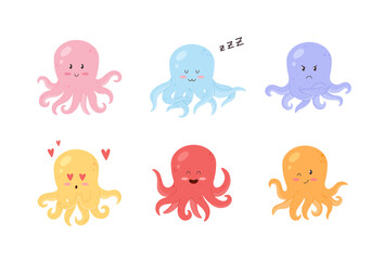 Cute octopus cartoon icons or stickers, flat vector illustration isolated.
