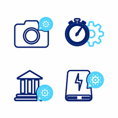 Set line Power bank setting, Bank building, Time management and Photo camera icon. Vector