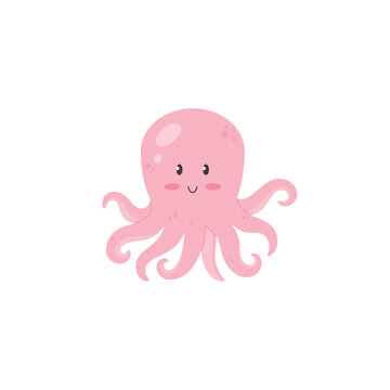 Funny Kawaii style octopus creature, flat cartoon vector illustration isolated.