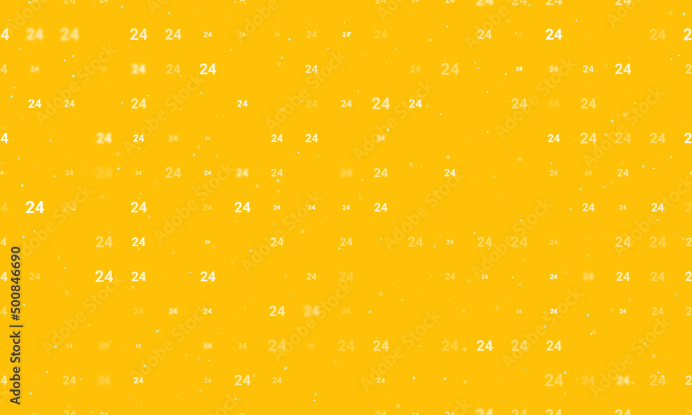 Poster Seamless background pattern of evenly spaced white around the clock symbols of different sizes and opacity. Vector illustration on amber background with stars