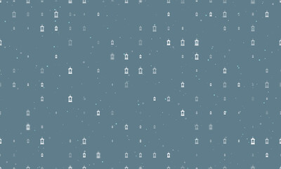 Seamless background pattern of evenly spaced white Christmas lanterns of different sizes and opacity. Vector illustration on blue gray background with stars