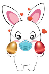 White Bunny in mask with Easter eggs