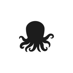 Silhouette of an octopus with tentacles on a white background. Black octopus vector flat illustration.