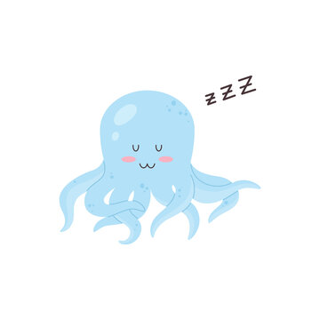 Baby octopus sleeping making a snoring sound, flat vector illustration isolated.