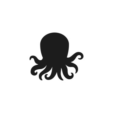 Silhouette of an octopus with tentacles on a white background. Black octopus vector flat illustration.
