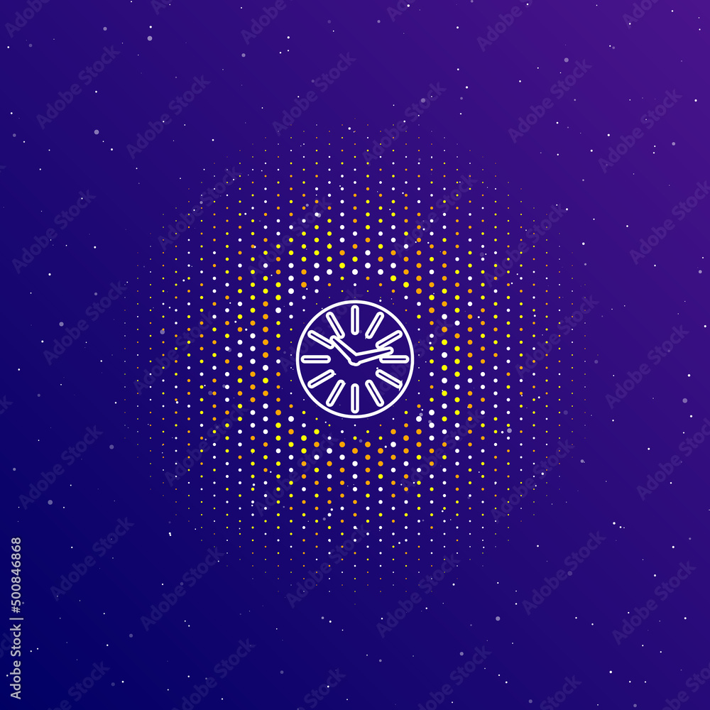 Poster a large white contour clock symbol in the center, surrounded by small dots. dots of different colors