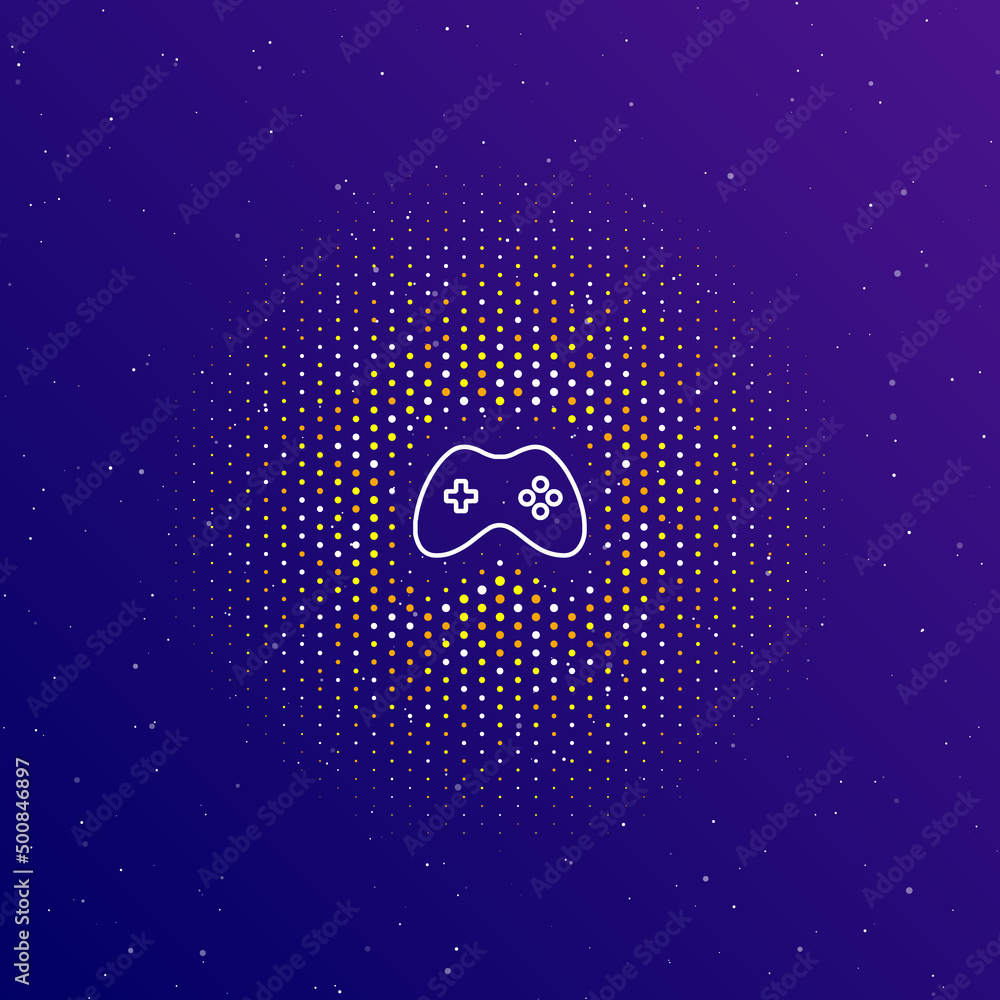 Poster a large white contour joystick symbol in the center, surrounded by small dots. dots of different col