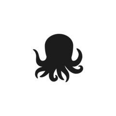 Silhouette black of an octopus with tentacles on a white background, vector flat illustration.